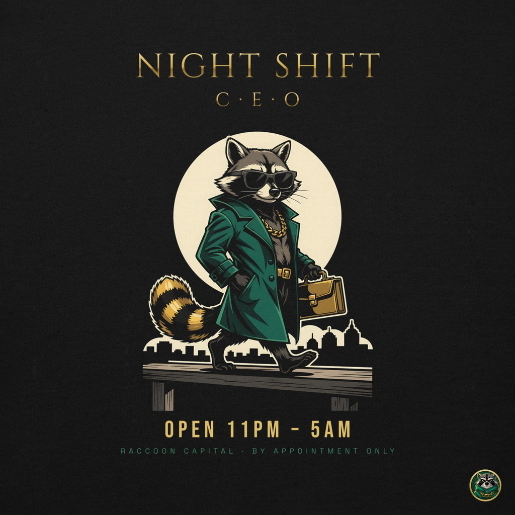 Night Shift CEO Hoodie – Black – back print close-up
