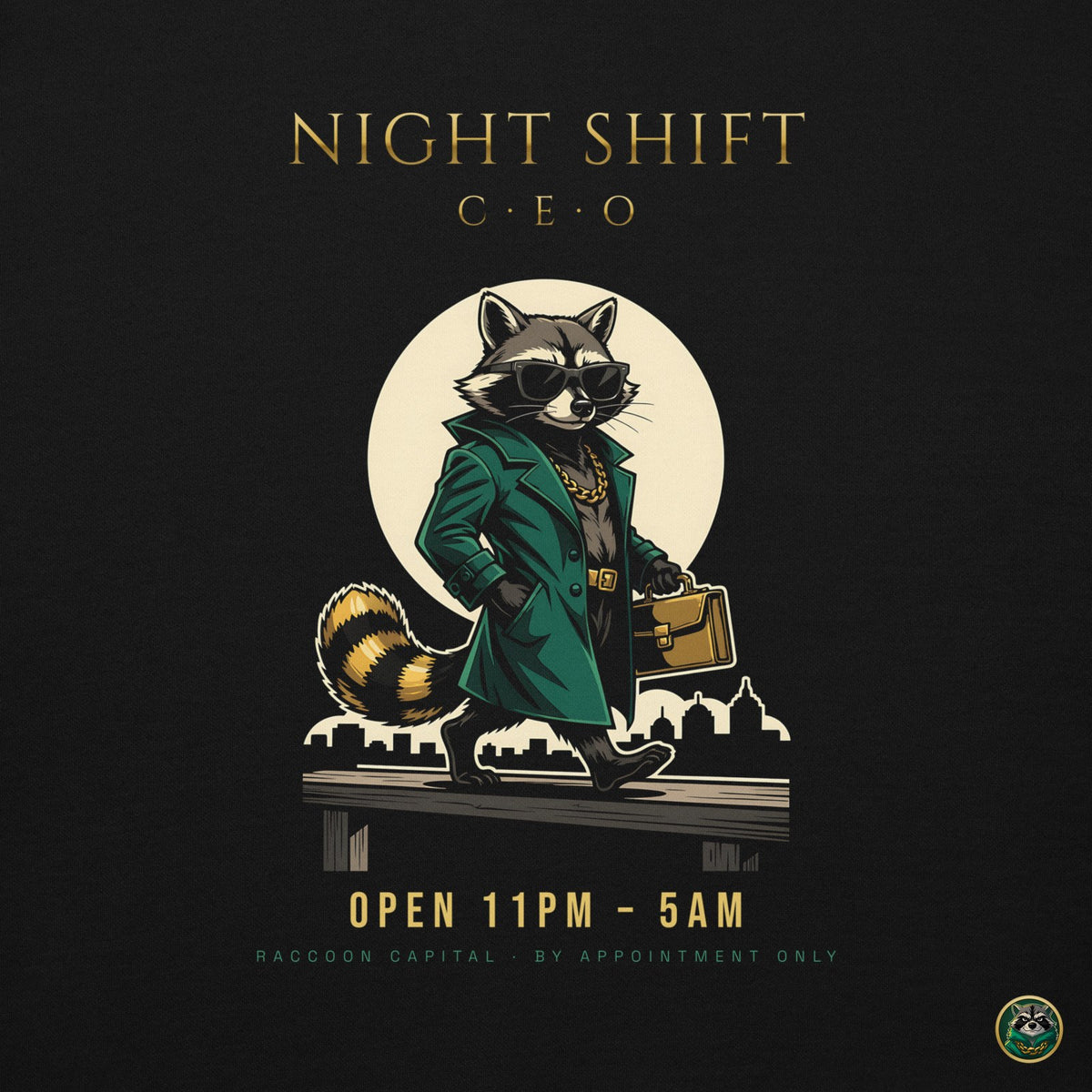 Night Shift CEO Hoodie – Black – back print close-up