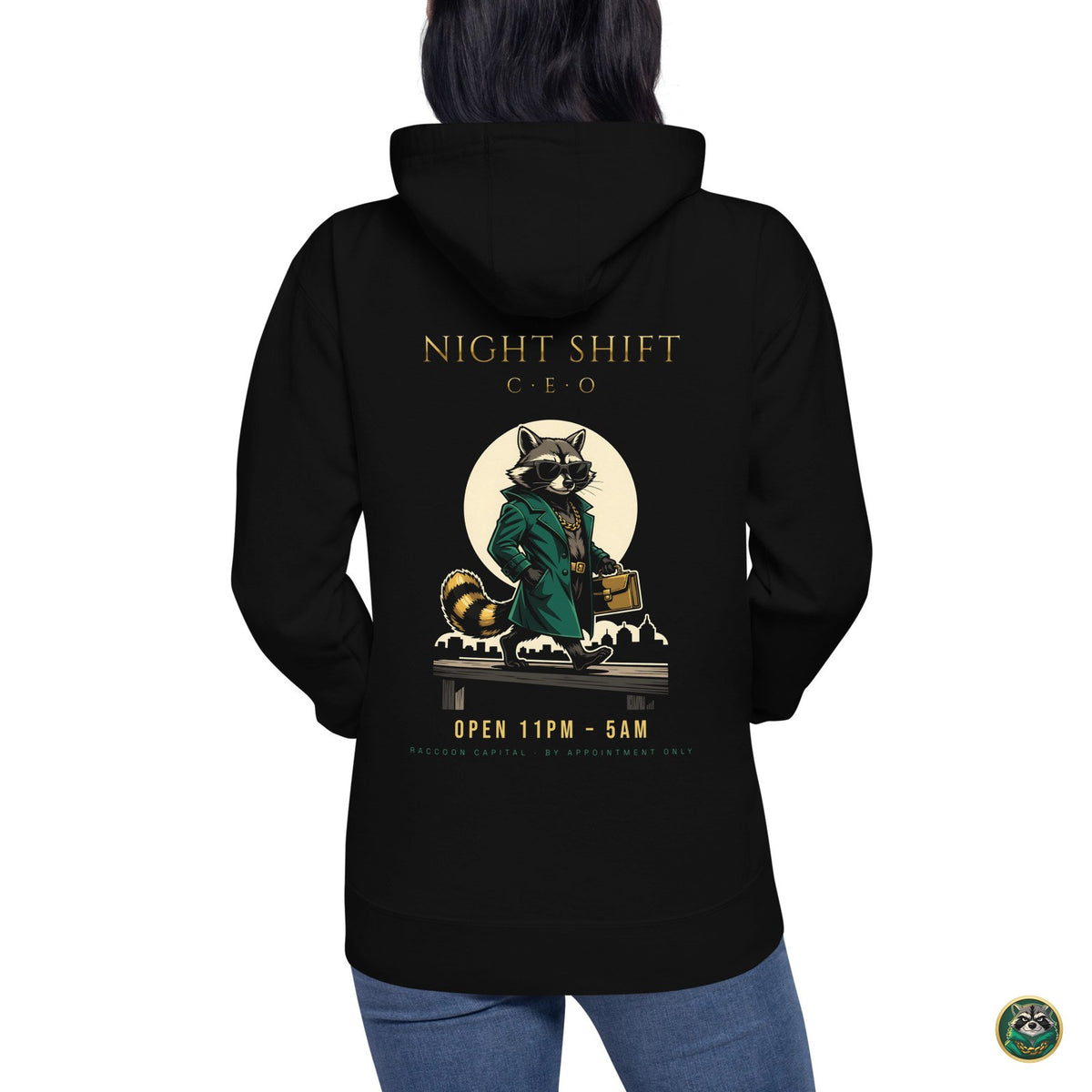 Night Shift CEO Hoodie – Black – worn, back