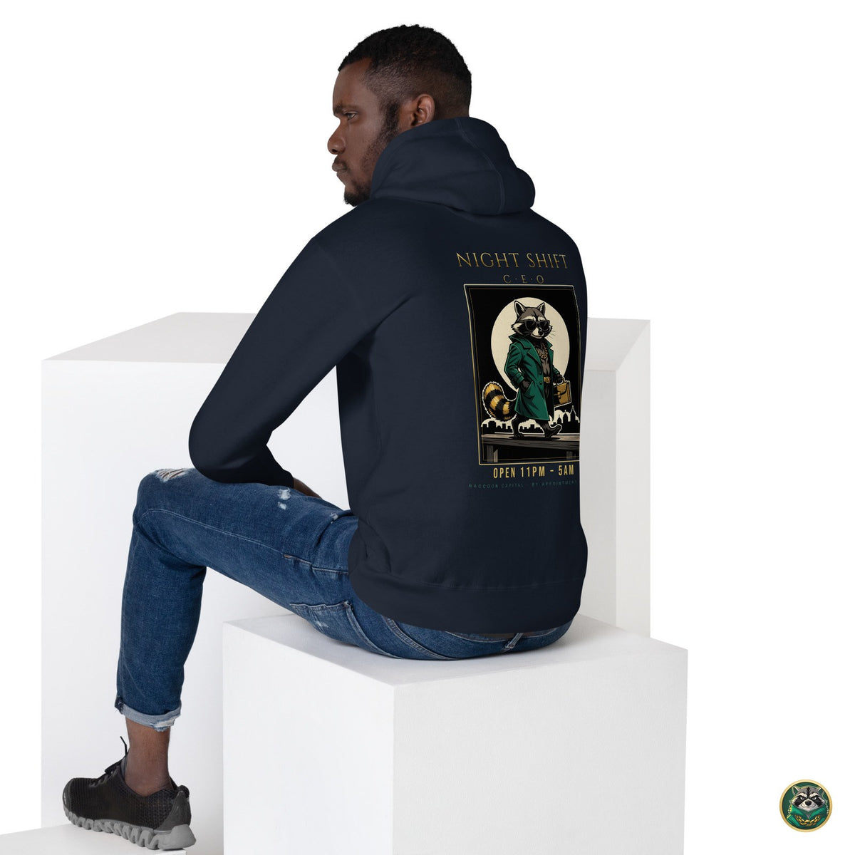 Night Shift CEO Hoodie – Navy Blazer – lifestyle, back