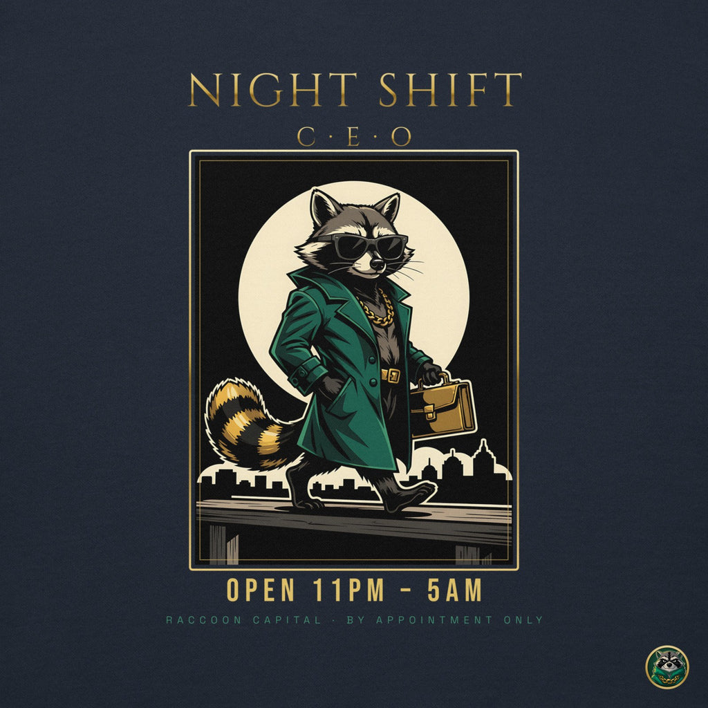 Night Shift CEO Hoodie – Navy Blazer – back print close-up