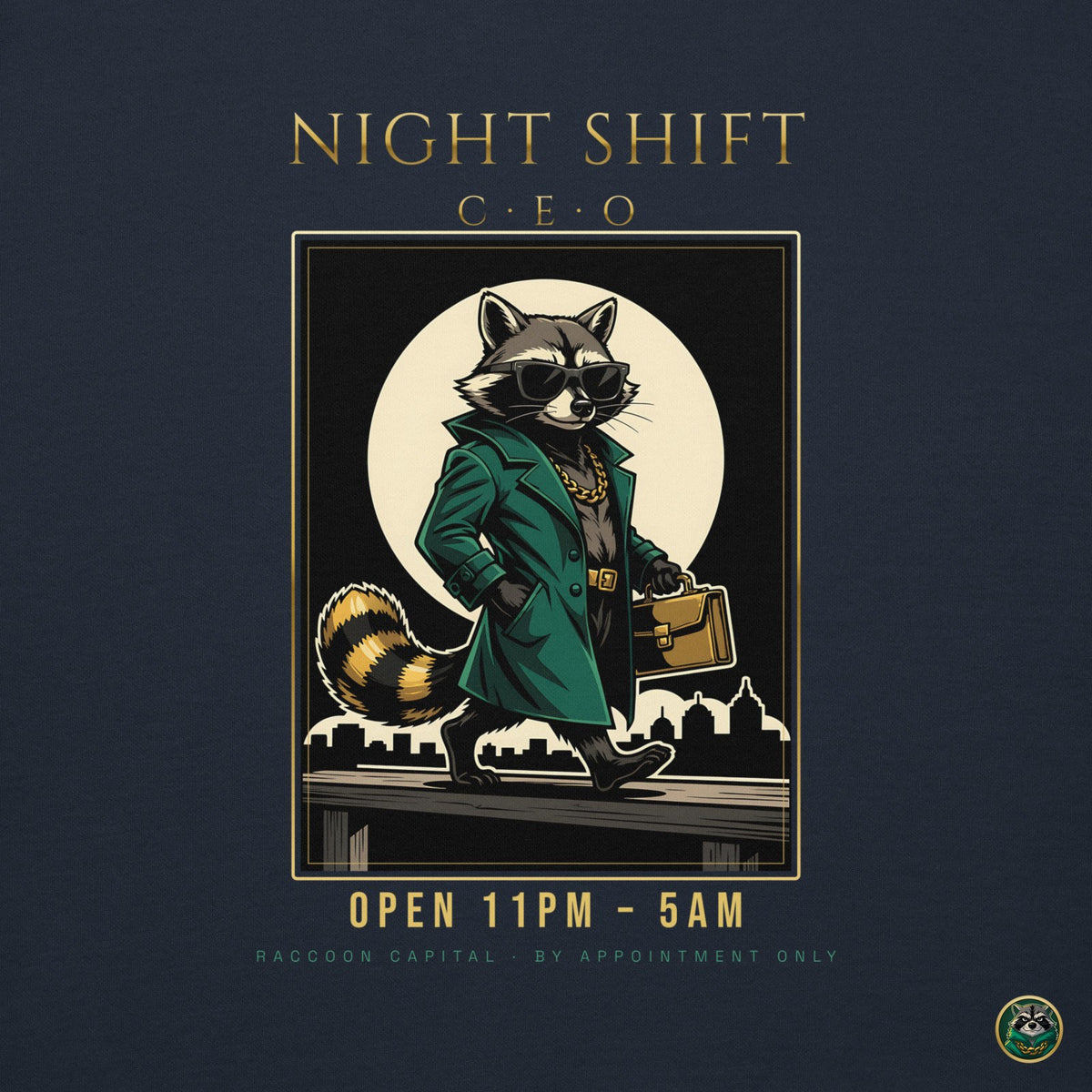 Night Shift CEO Hoodie – Navy Blazer – back print close-up