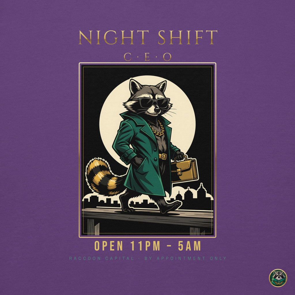 Night Shift CEO Hoodie – Purple – back print close-up