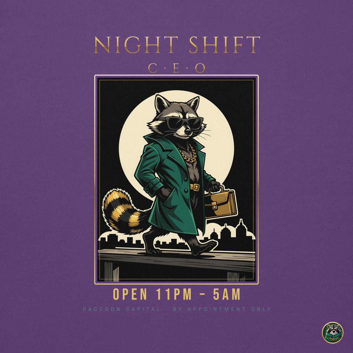 Night Shift CEO Hoodie – Purple – back print close-up