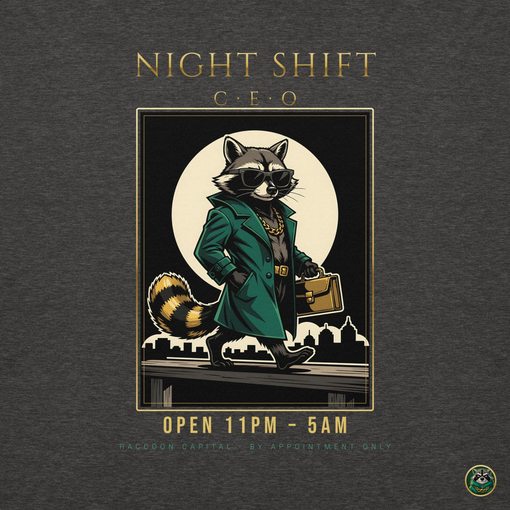 Night Shift CEO Hoodie – Charcoal Heather – back print close-up