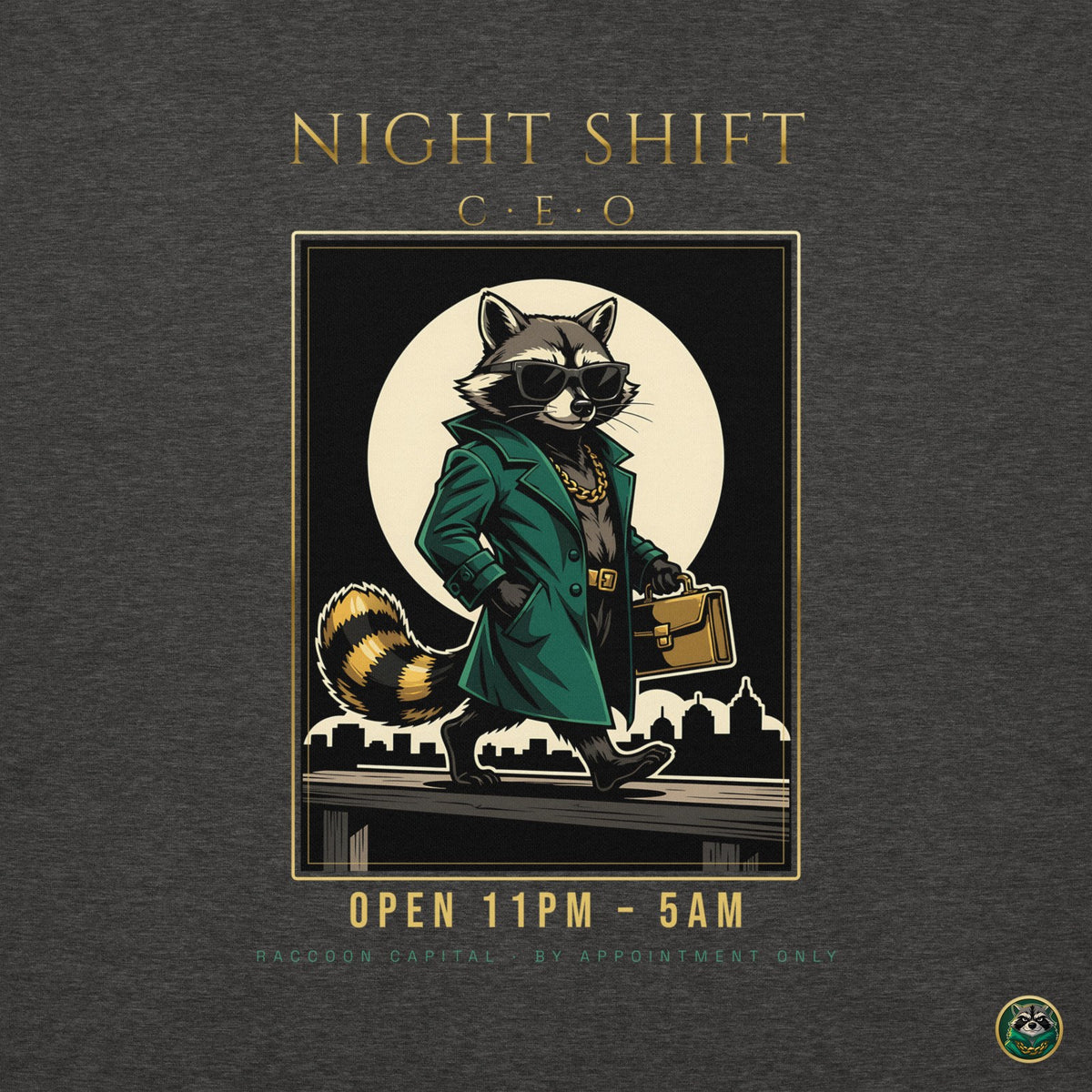 Night Shift CEO Hoodie – Charcoal Heather – back print close-up