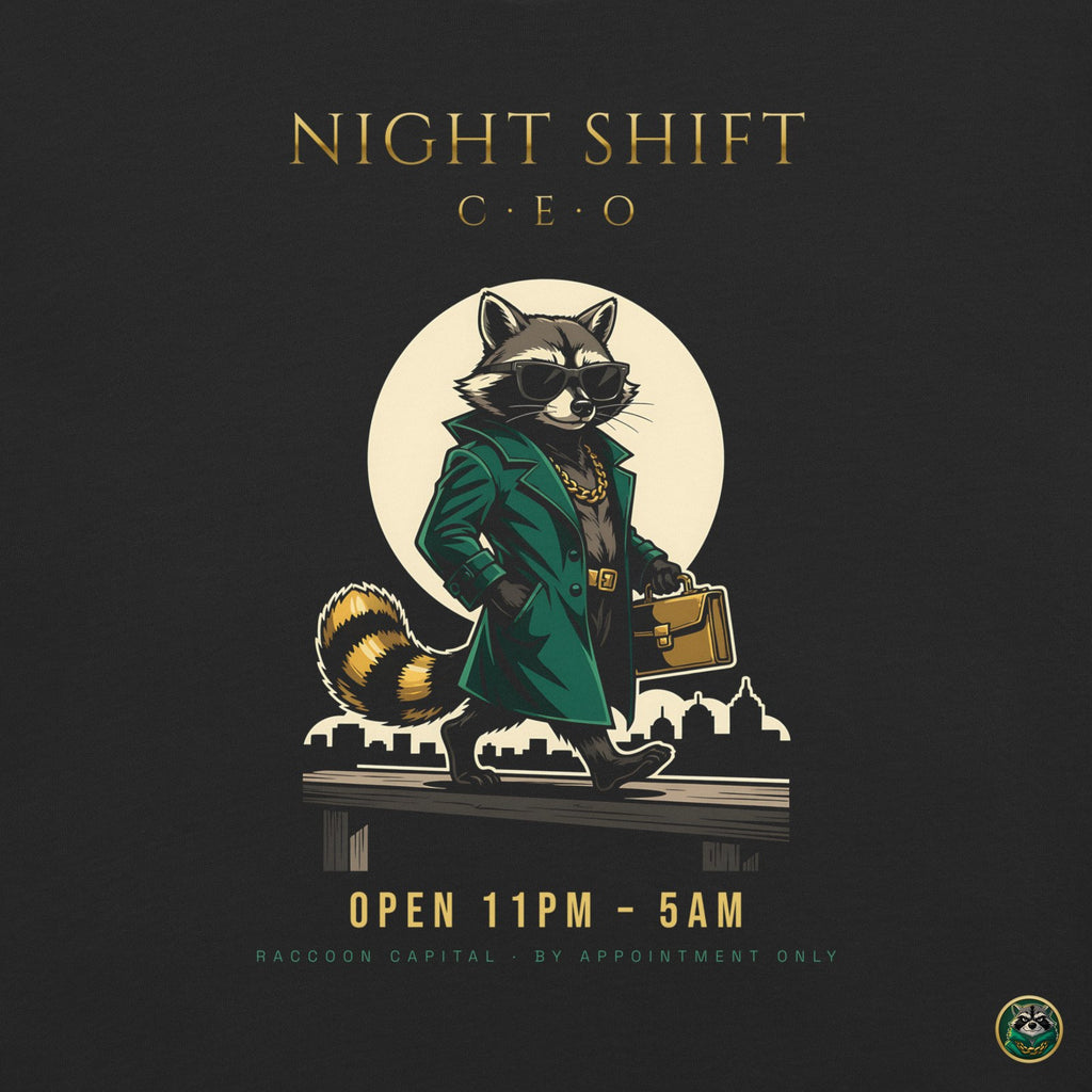 Night Shift CEO Tee – Black – back print close-up