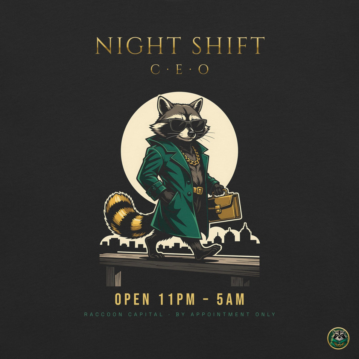 Night Shift CEO Tee – Black – back print close-up