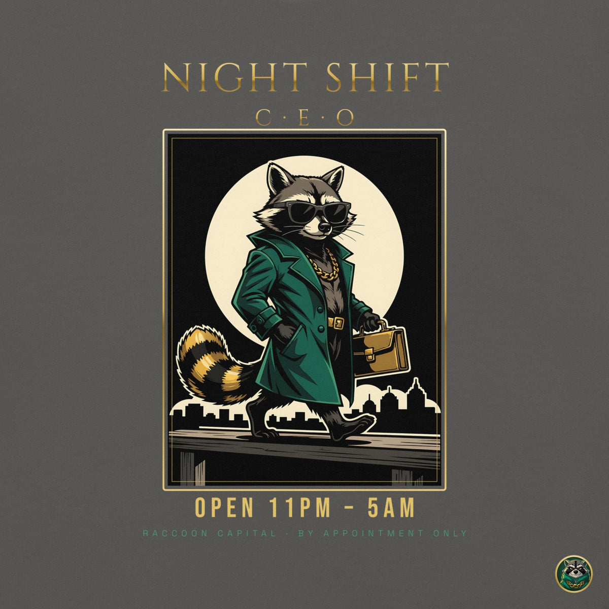 Night Shift CEO Tee – Pepper – back print close-up